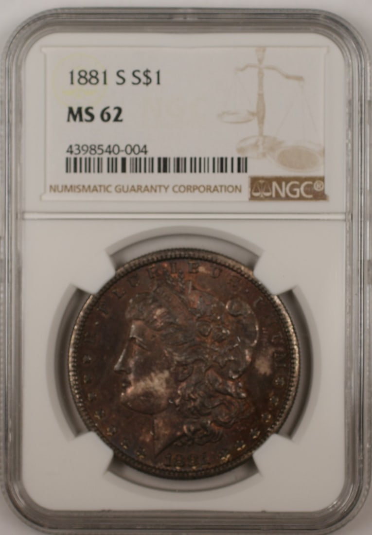 NGC MS-62 1881-S Morgan Silver Dollar Toned: NGC MS-62 1881-S Morgan Silver Dollar Toned This is an 1881 Morgan Silver Dollar coin from the United States, minted in San Francisco. The coin is composed of silver and has been graded MS-62 by NGC, 