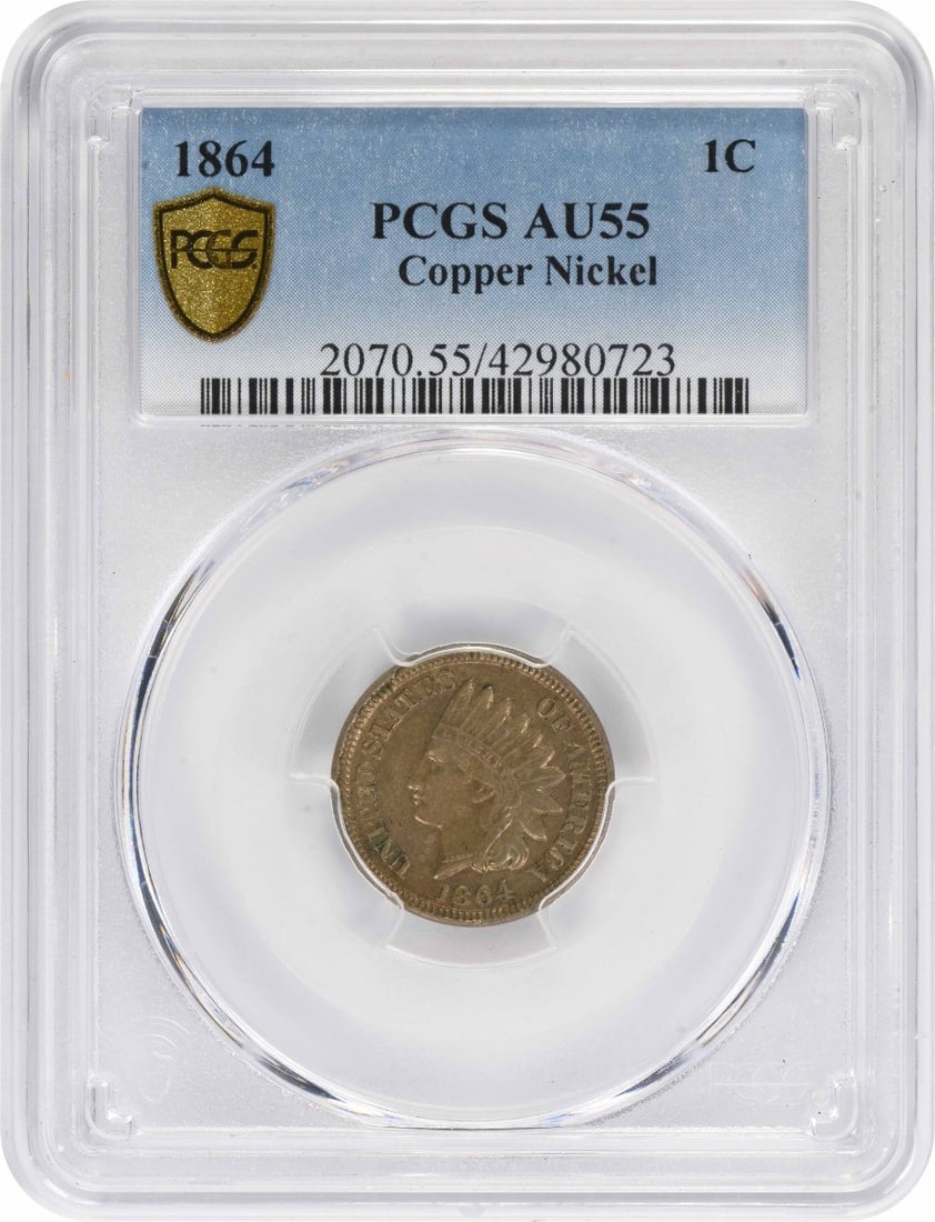 PCGS AU55 1864 Indian Head Small Cent Copper: PCGS AU55 1864 Indian Head Small Cent Copper 1864 Indian Head Small Cent graded AU55 by PCGS. This pre-owned United States coin is a circulated example of the Copper issue and carries KM Number 90. Sp