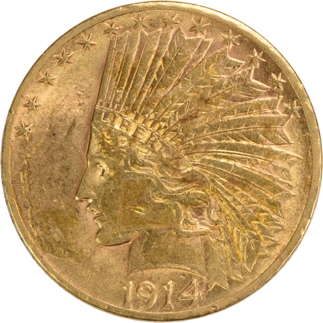 1914-D $10 Gold Indian Coin AU Augustus Saint Gaudens Design: 1914-D $10 Gold Indian Coin AU Augustus Saint Gaudens Design This 1914-D $10 Gold Indian coin showcases the iconic design by Augustus Saint Gaudens, representing a notable piece of American numismatic