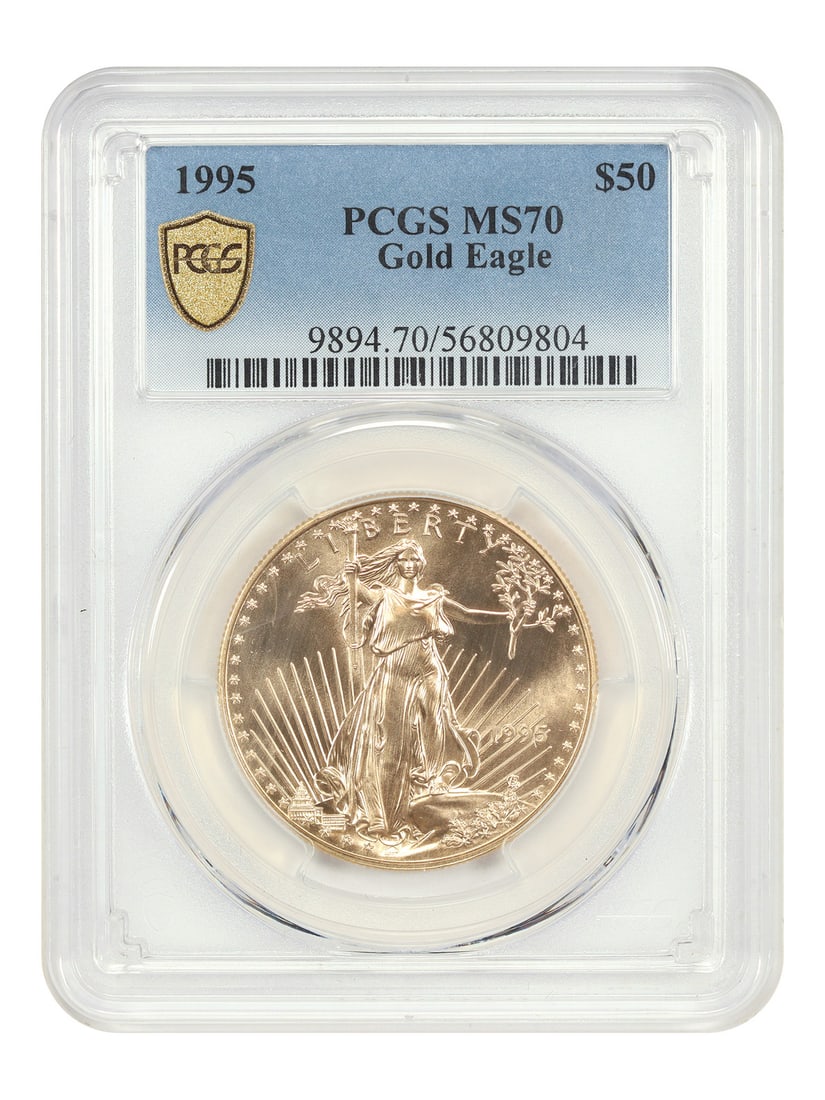 PCGS MS70 1995 $50 Gold Eagle Uncirculated Coin: PCGS MS70 1995 $50 Gold Eagle Uncirculated Coin 1995 $50 Gold Eagle certified by PCGS in MS70 grade. This uncirculated, pre-owned coin is identified as a Gold Eagle and includes certification number 5