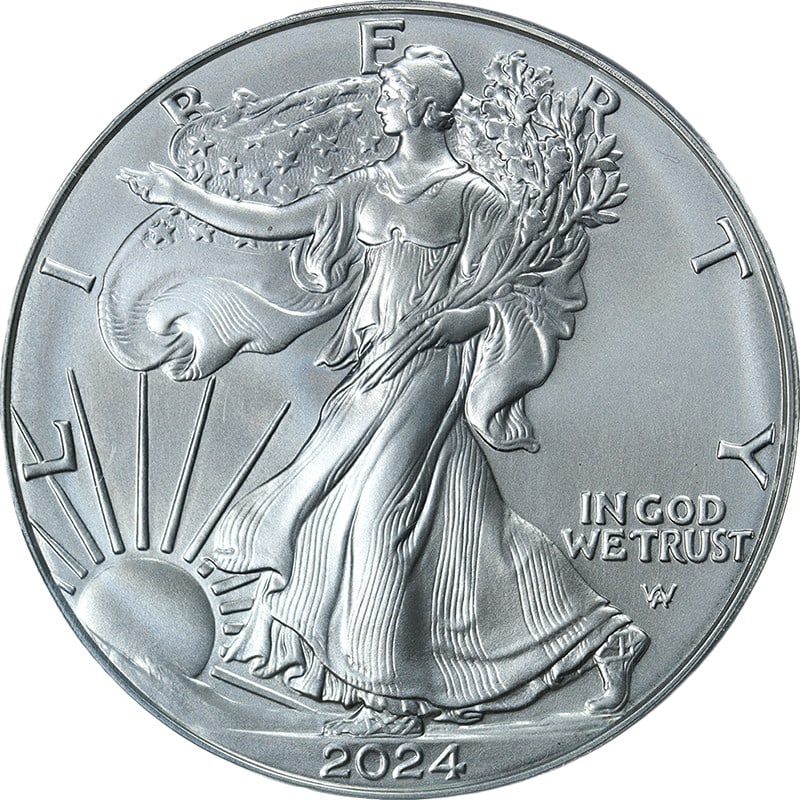 PCGS SP70 2024-W American Silver Eagle $1 Burnished Coin: PCGS SP70 2024-W American Silver Eagle $1 Burnished Coin Original 2024-W Silver American Eagle $1 burnished coin certified by PCGS as SP70. This uncirculated silver issue is noted as spotted and is of