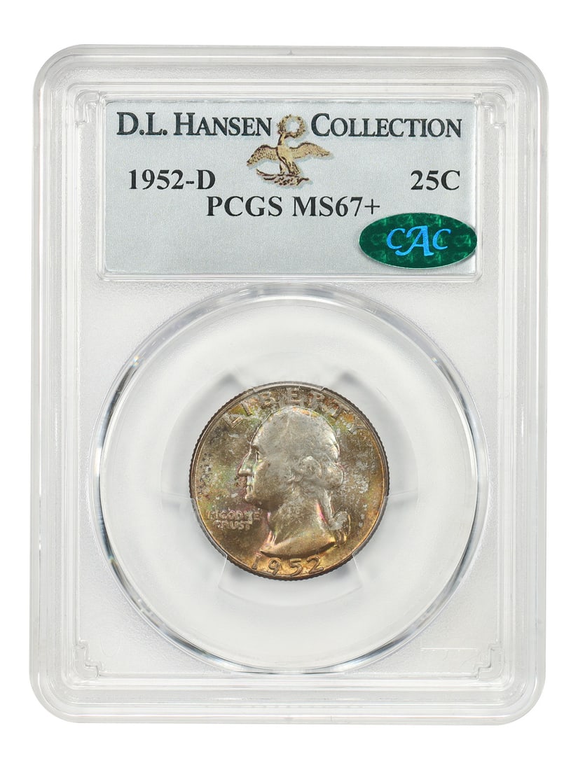 Washington Quarter 1952-D PCGS MS67+ CAC ex D.L. Hansen: Washington Quarter 1952-D PCGS MS67+ CAC ex D.L. Hansen 1952-D Washington Quarter certified by PCGS as MS67+ and CAC approved. This uncirculated example is ex: D.L. Hansen. The coin displays bright ma