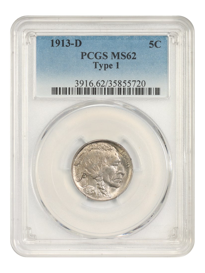 Buffalo Nickel 1913-D Type 1 5C PCGS MS62: Buffalo Nickel 1913-D Type 1 5C PCGS MS62 1913-D Buffalo Nickel, denomination 5C, struck at the Denver mint. The coin is uncirculated and certified by PCGS with certification number 35855720. Conditio