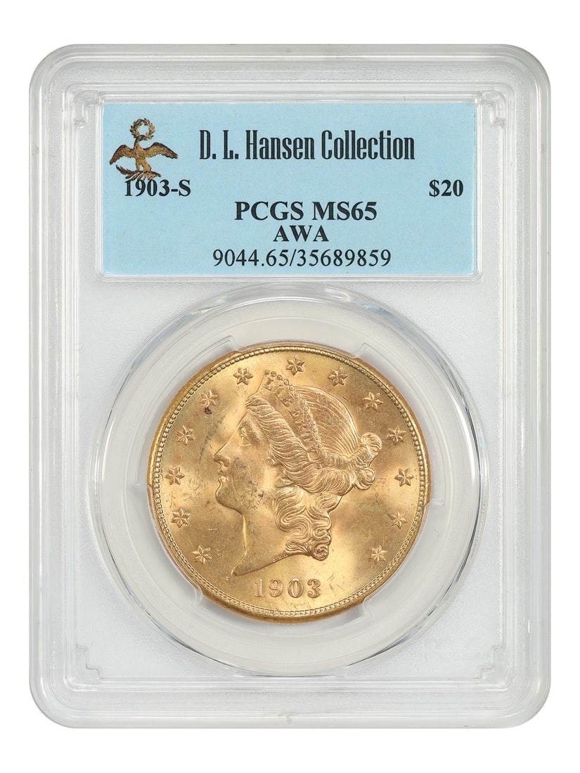 PCGS MS65 1903-S Liberty Head $20 Gold Coin ex D.L. Hansen AWA: PCGS MS65 1903-S Liberty Head $20 Gold Coin ex D.L. Hansen AWA 1903-S Liberty Head $20 gold coin graded PCGS MS65, ex: D.L. Hansen/AWA. A mintage of 954,000 leaves uncirculated examples plentiful; how