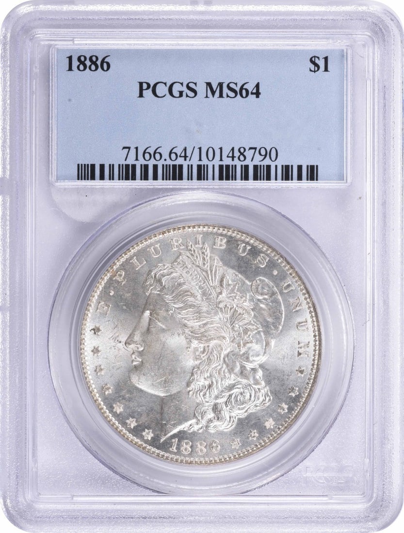 PCGS MS64 1886 Morgan Silver Dollar $1 Philadelphia: PCGS MS64 1886 Morgan Silver Dollar $1 Philadelphia 1886 Morgan Silver Dollar certified by PCGS and graded MS64. This uncirculated United States $1 coin features the classic Morgan design and is compo