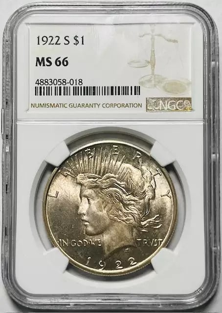 NGC MS 66 1922 S Peace Silver Dollar Uncirculated: NGC MS 66 1922 S Peace Silver Dollar Uncirculated 1922-S Peace Dollar graded MS 66 by NGC. This uncirculated silver dollar was minted in San Francisco and is presented as pre-owned. The coin is certif