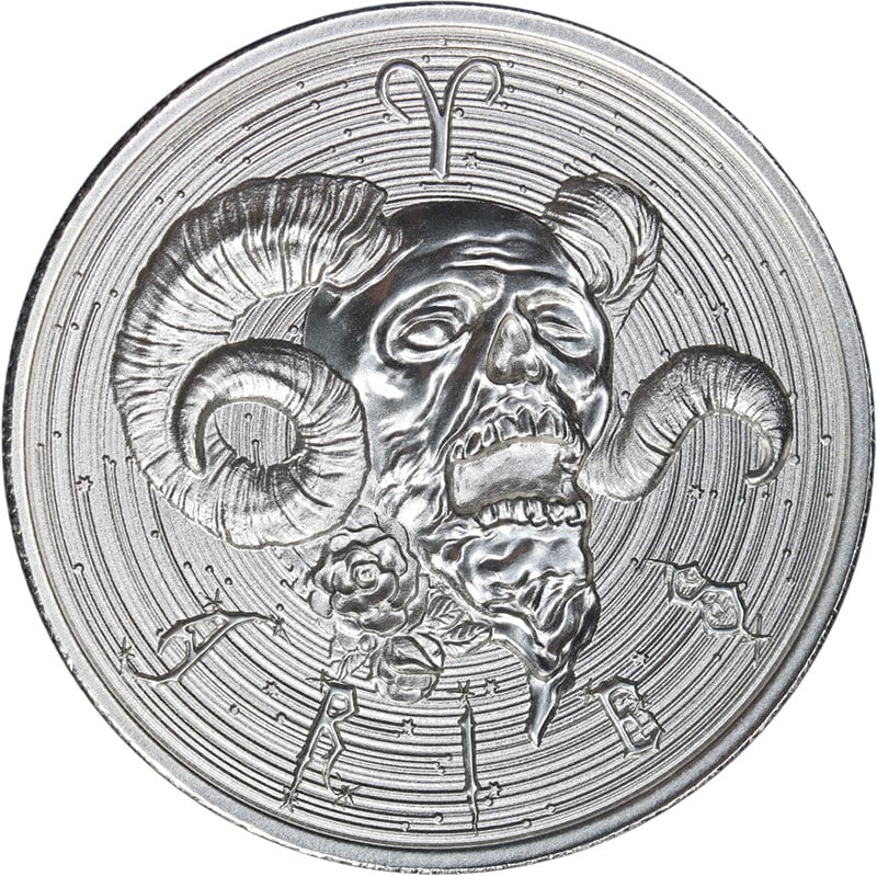 2 Ounce Silver Aries Zombie Zodiac High Relief Intaglio Mint: 2 Ounce Silver Aries Zombie Zodiac High Relief Intaglio Mint This Intaglio Mint 2 Ounce Silver Zombie Zodiac - Aries High Relief coin is crafted from 99.9% fine silver and features a detailed high rel