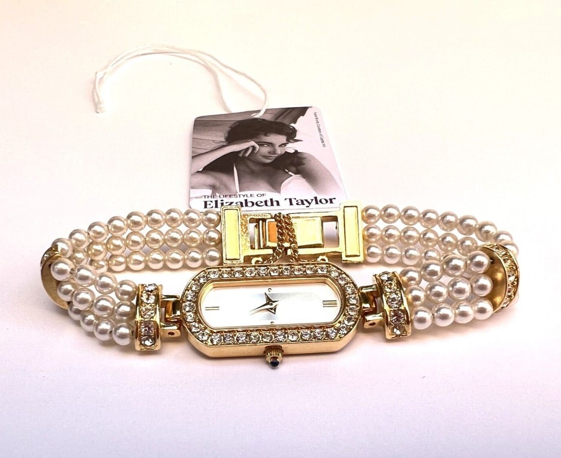 Elizabeth Taylor Avon Evening Star Gold Tone Wristwatch with Simulated Pearls (1 of 9)