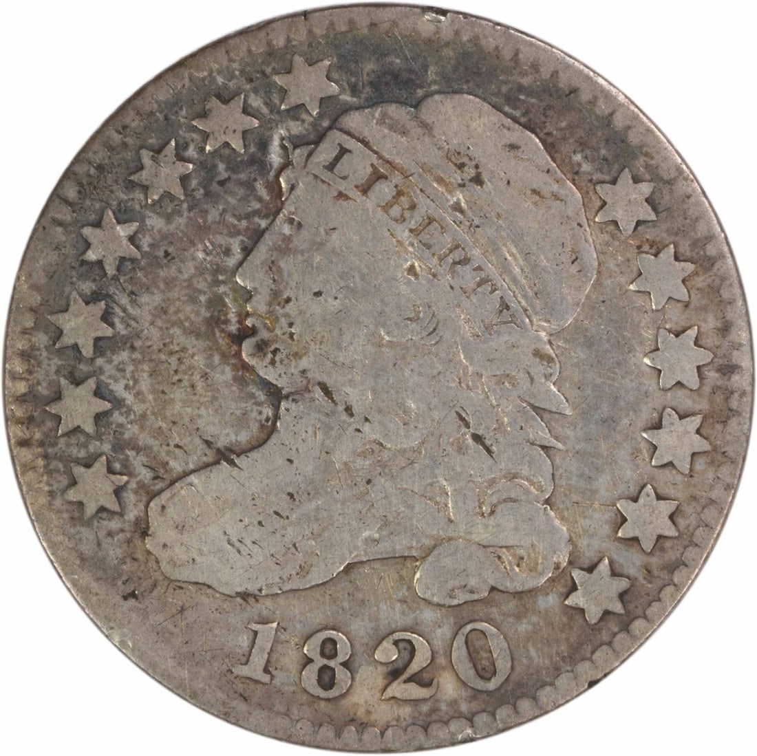 1820 Capped Bust Dime Large 0 Philadelphia Uncertified Silver Coin: 1820 Capped Bust Dime Large 0 Philadelphia Uncertified Silver Coin This is a pre-owned 1820 Capped Bust Dime featuring the Large 0 variety, minted in Philadelphia. The coin is circulated and has a gra