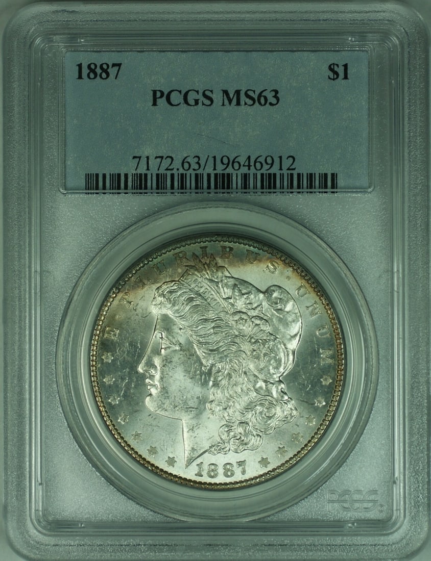 PCGS MS63 1887 Morgan Dollar Lightly Toned: PCGS MS63 1887 Morgan Dollar Lightly Toned This 1887 Morgan Silver Dollar is an uncirculated coin graded MS63 by PCGS. Minted in Philadelphia, it features a lightly toned finish and is composed of sil