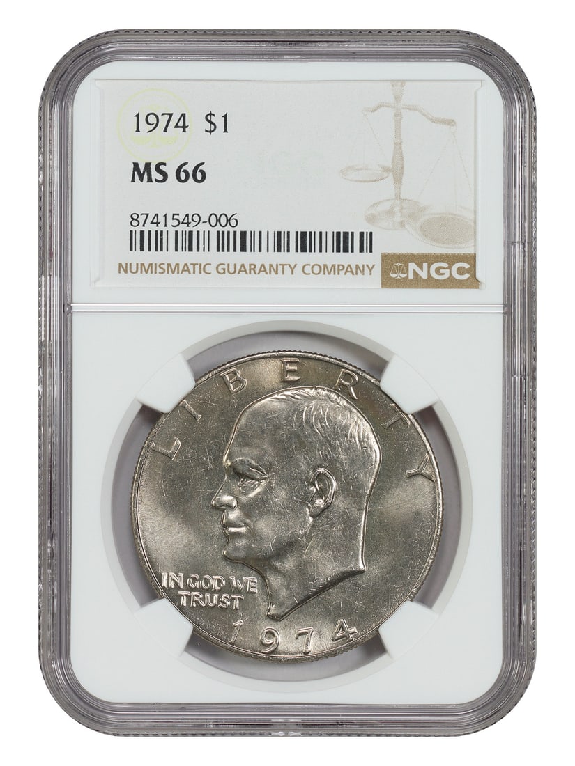 NGC MS66 1974 Eisenhower Dollar $1 Philadelphia: NGC MS66 1974 Eisenhower Dollar $1 Philadelphia 1974 Ike Dollar certified by NGC in MS66 grade. This uncirculated $1 coin is a pre-owned example. Specifications Denomination: $1 Year: 1974 Mint Locati