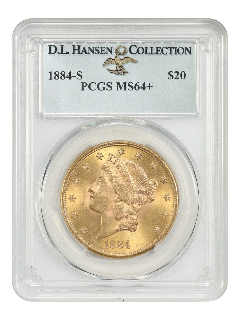 PCGS MS64+ 1884-S Liberty Head $20 Gold Coin ex D.L. Hansen: PCGS MS64+ 1884-S Liberty Head $20 Gold Coin ex D.L. Hansen 1884-S Liberty Head $20 gold coin graded PCGS MS64+ and pedigreed ex: D.L. Hansen. The original mintage was 916,000, and this example comes 