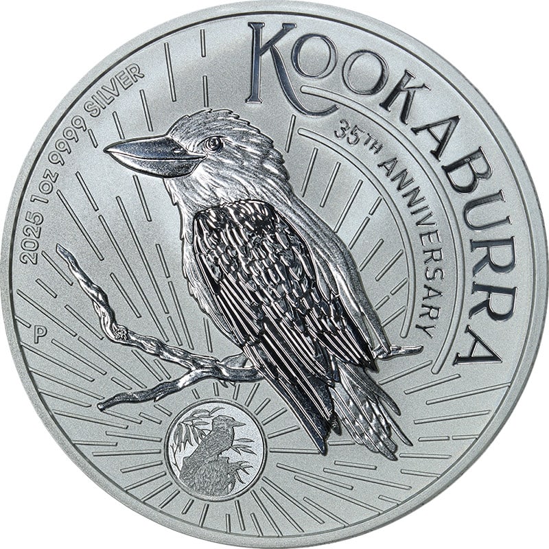 Australia 2025 Kookaburra $1 1 Ounce .9999 Silver 35th Anniversary Privy: Australia 2025 Kookaburra $1 1 Ounce .9999 Silver 35th Anniversary Privy 2025 Australia 1 Ounce Silver $1 Kookaburra coin with a 35th anniversary privy mark. This uncirculated coin is struck in .9999 