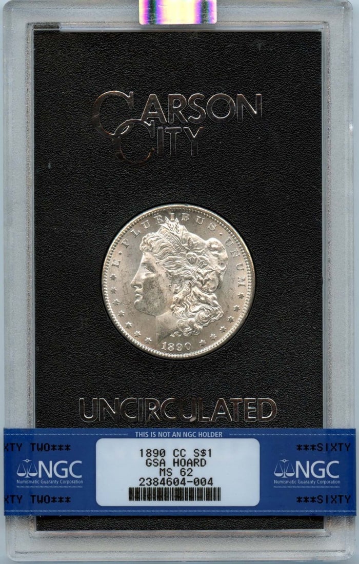 NGC MS62 1890 Carson City Morgan Silver Dollar GSA Hoard: NGC MS62 1890 Carson City Morgan Silver Dollar GSA Hoard 1890-CC Morgan Dollar from the GSA Hoard, graded MS62 by NGC. This pre-owned United States silver dollar is an uncirculated example of the Morg