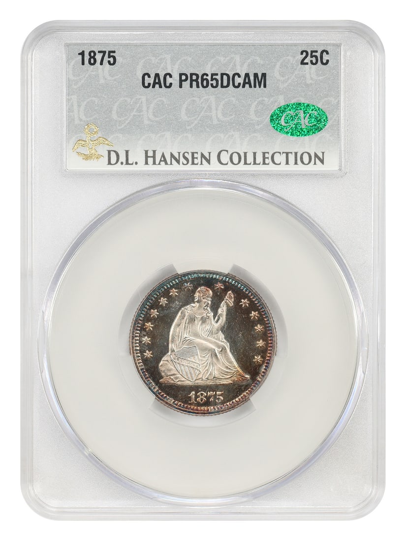 Liberty Seated Quarter 1875 25C CACG PR65DCAM ex D.L. Hansen: Liberty Seated Quarter 1875 25C CACG PR65DCAM ex D.L. Hansen 1875 Liberty Seated Quarter certified by CACG as PR65DCAM. This proof issue has a low mintage of just 700 coins, with precious few retainin