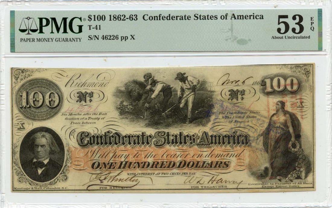 PMG AU53 EPQ 1862 Confederate States of America 100 Dollar Note T-41: PMG AU53 EPQ 1862 Confederate States of America 100 Dollar Note T-41 1862 Confederate States of America T-41 $100 note graded PMG AU53 EPQ. This pre-owned, circulated note is a certified example of Co