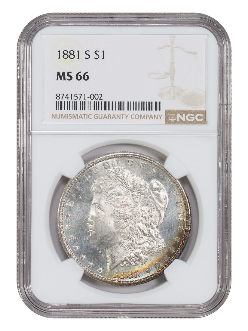 NGC MS66 1881-S Morgan Silver Dollar $1 Uncirculated: NGC MS66 1881-S Morgan Silver Dollar $1 Uncirculated An 1881-S Morgan Dollar graded MS66 by NGC. This uncirculated $1 coin is identified as a popular collector date and is described as the single best