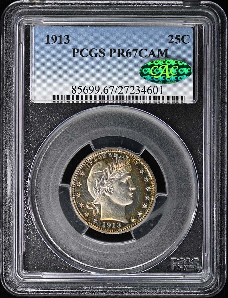 PCGS PR67CAM CAC 1913 Barber Quarter 25C Proof: PCGS PR67CAM CAC 1913 Barber Quarter 25C Proof 1913 Barber Quarter certified by PCGS as PR67CAM with CAC approval. This proof issue is an uncirculated, pre-owned United States coin from Philadelphia. 