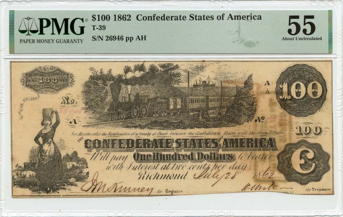 PMG AU55 1862 Confederate States of America T-39 $100 Note: PMG AU55 1862 Confederate States of America T-39 $100 Note 1862 Confederate States of America $100 note, cataloged as T-39 and graded PMG AU55. This pre-owned, circulated example is a certified Confed
