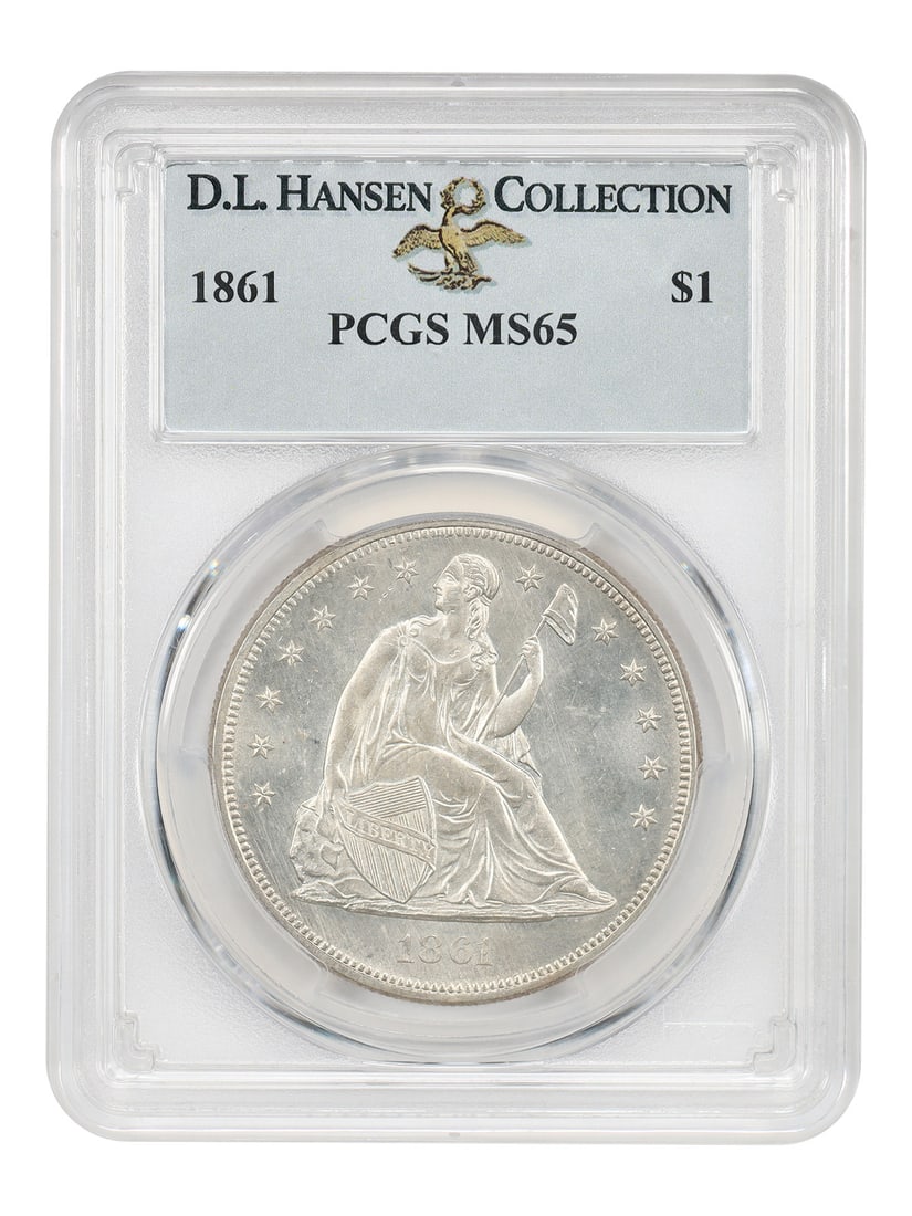 PCGS MS65 1861 Liberty Seated Dollar $1 ex D.L. Hansen: PCGS MS65 1861 Liberty Seated Dollar $1 ex D.L. Hansen 1861 Liberty Seated Dollar, graded PCGS MS65 and noted in the title as ex: D.L. Hansen. Struck at the Philadelphia Mint during the Civil War era,
