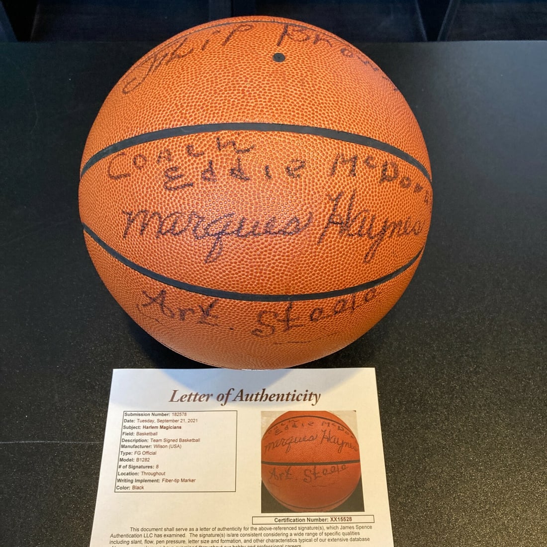 Wilson B1282 Basketball Signed by 1971 Harlem Magicians Team JSA Authenticated: Wilson B1282 Basketball Signed by 1971 Harlem Magicians Team JSA Authenticated This is an original 1971 Harlem Magicians team signed Wilson FG Official B1282 basketball. The ball features signatures f