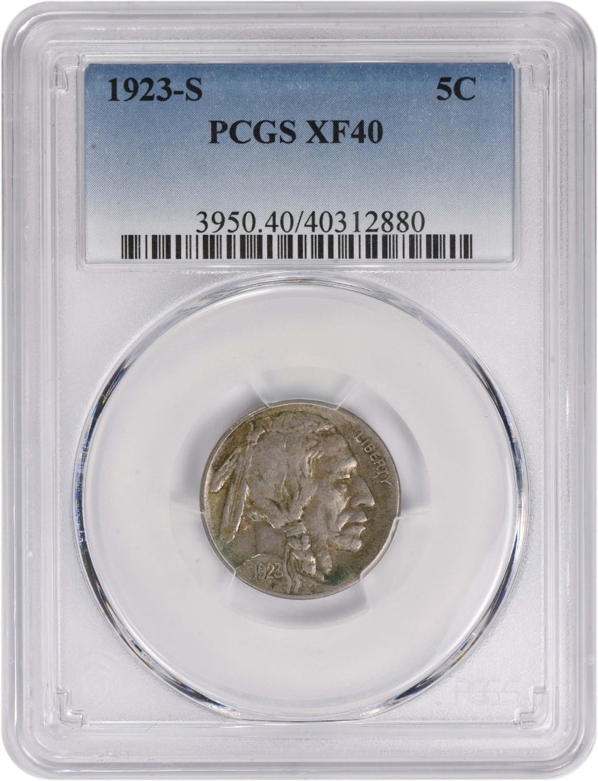 PCGS EF40 1923 San Francisco Buffalo Nickel 5C United States: PCGS EF40 1923 San Francisco Buffalo Nickel 5C United States This is a 1923-S Buffalo Nickel graded EF40 by PCGS. Minted in San Francisco, this circulated coin features the iconic Buffalo design by Ja