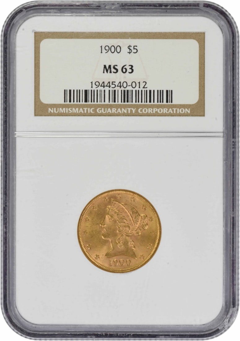 1900 Liberty Head $5 Gold Coin MS63 Graded by NGC: 1900 Liberty Head $5 Gold Coin MS63 Graded by NGC This 1900 $5 Liberty Head gold coin from the United States features a design by Christian Gobrecht and was minted in Philadelphia. Graded MS63 by NGC,