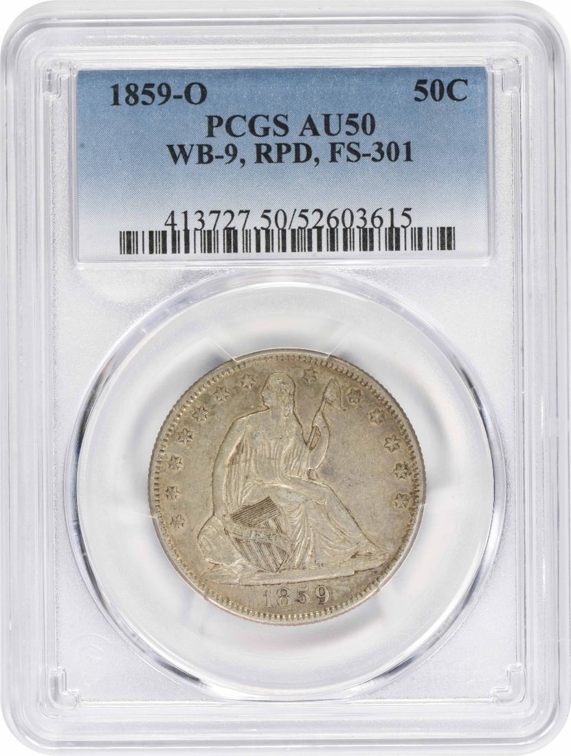 PCGS AU50 1859 O Seated Liberty Half Dollar Silver FS-301 WB-9: PCGS AU50 1859 O Seated Liberty Half Dollar Silver FS-301 WB-9 1859-O Liberty Seated silver half dollar graded AU50 by PCGS. This circulated United States 50C coin features the WB-9 RPD FS-301 variety