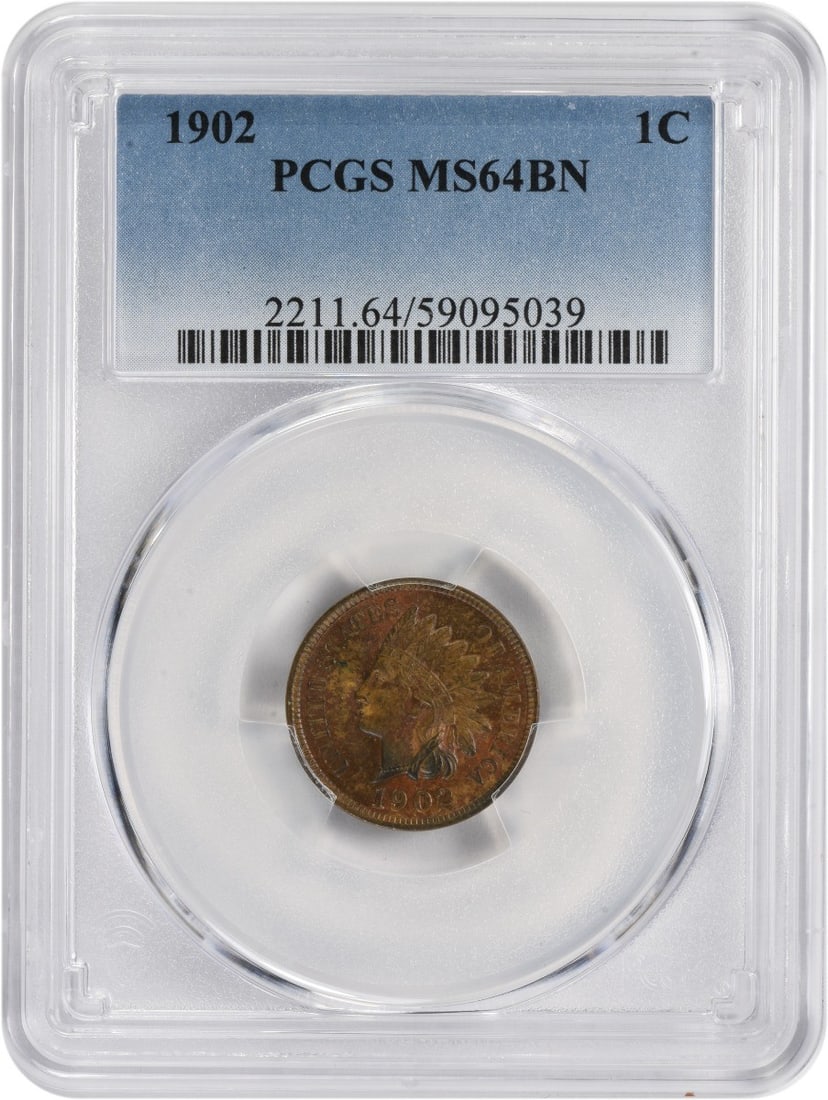 PCGS MS64BN 1902 Indian Head Copper Small Cent: PCGS MS64BN 1902 Indian Head Copper Small Cent This is a 1902 Indian Head Cent, graded MS64 Brown (MS64BN) by PCGS. The coin is uncirculated and composed of copper. It features the classic Indian Head