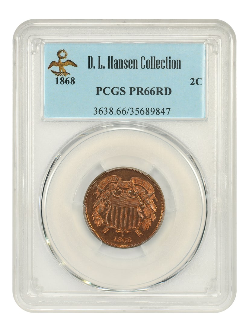 PCGS PR66RD 1868 Two Cent Proof Philadelphia Low Mintage: PCGS PR66RD 1868 Two Cent Proof Philadelphia Low Mintage 1868 Two Cent proof coin certified by PCGS as PR66RD. This Philadelphia issue has a low proof mintage of just 600 coins struck, and five non-CA
