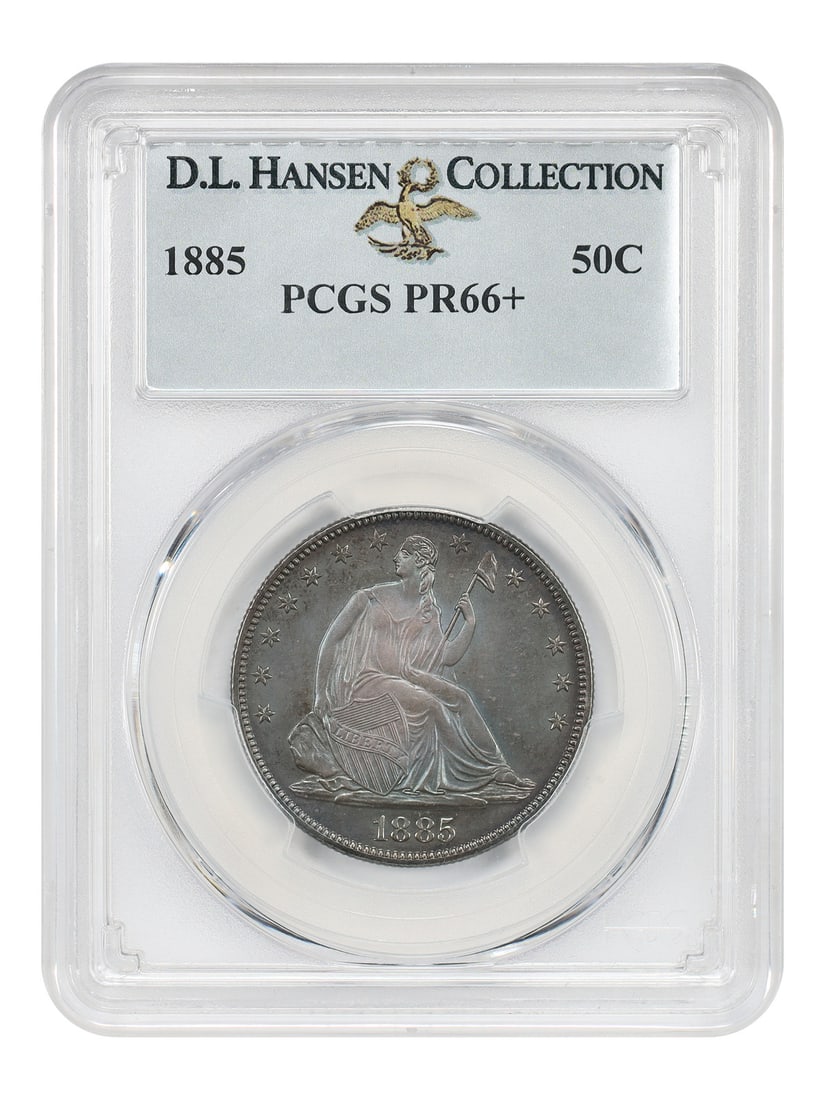 PCGS PR66+ 1885 Liberty Seated Half Dollar 50C ex D.L. Hansen: PCGS PR66+ 1885 Liberty Seated Half Dollar 50C ex D.L. Hansen 1885 Liberty Seated Half Dollar certified by PCGS as PR66+. This proof issue is a low-mintage date in both proof and business strike forma