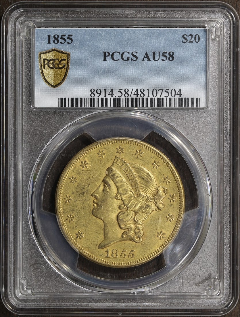 1855 $20 Gold Liberty Double Eagle PCGS AU58 Philadelphia: 1855 $20 Gold Liberty Double Eagle PCGS AU58 Philadelphia This 1855 Liberty Head Gold Double Eagle is a $20 coin graded AU 58 by PCGS. Struck at the Philadelphia Mint, it features a gold composition a