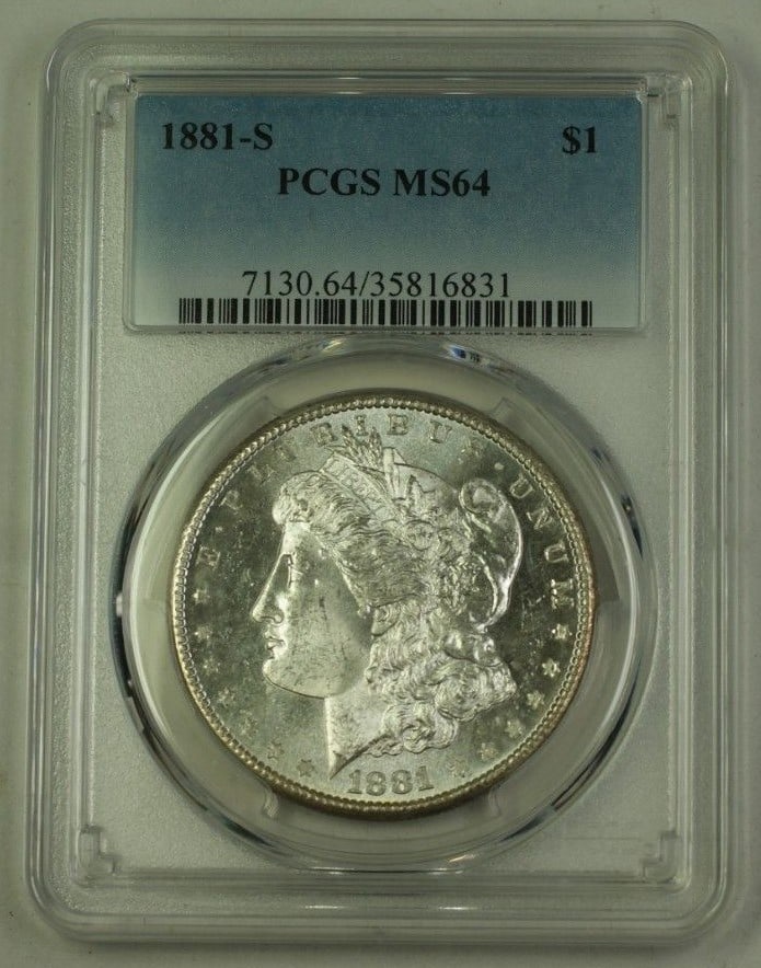 PCGS MS64 1881 San Francisco Morgan Dollar Silver Coin: PCGS MS64 1881 San Francisco Morgan Dollar Silver Coin This is an 1881-S US Morgan Silver Dollar with a $1 denomination, certified by PCGS with a grade of MS-64. Minted in San Francisco, this uncircul