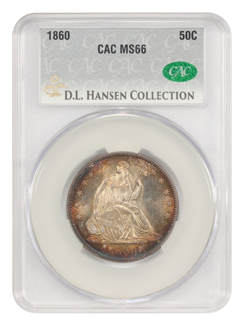 CACG MS66 1860 Liberty Seated Half Dollar 50C ex D.L. Hansen: CACG MS66 1860 Liberty Seated Half Dollar 50C ex D.L. Hansen 1860 Liberty Seated Half Dollar certified CACG MS66, ex: D.L. Hansen. This uncirculated example has a low mintage of just 302,700 coins. It