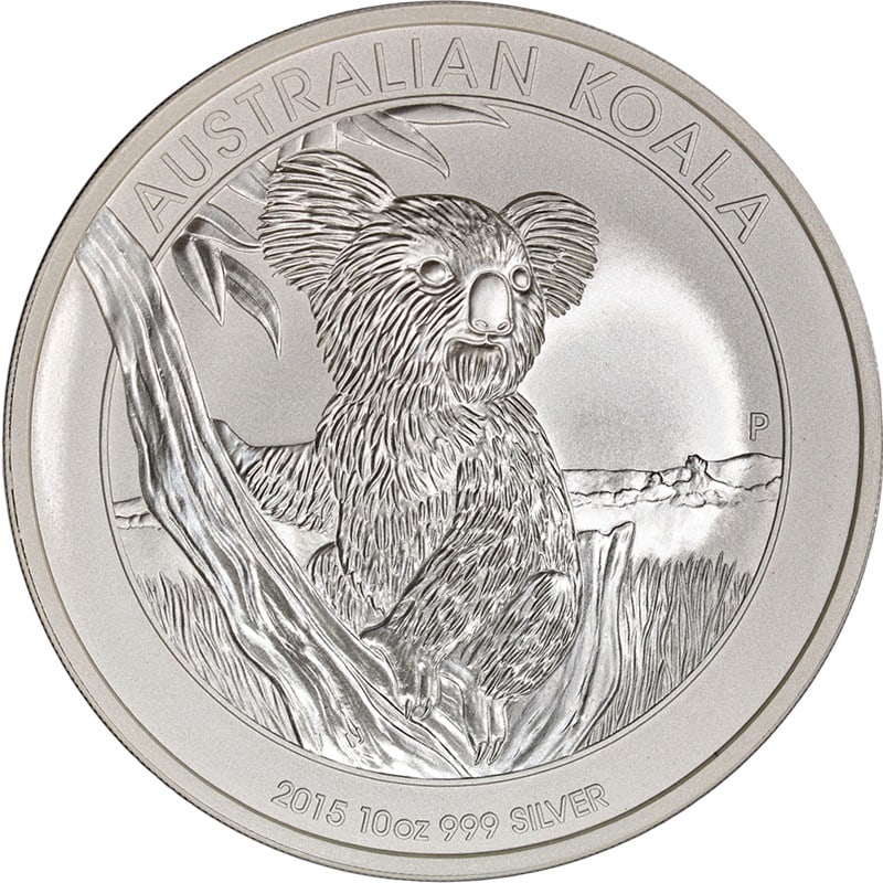 2015 Australian Koala 10 oz Silver Bullion Coin BU: 2015 Australian Koala 10 oz Silver Bullion Coin BU This 2015 Australia 10 Ounce Silver Koala coin is composed of .999 fine silver and is in Brilliant Uncirculated (BU) condition. The coin features a d