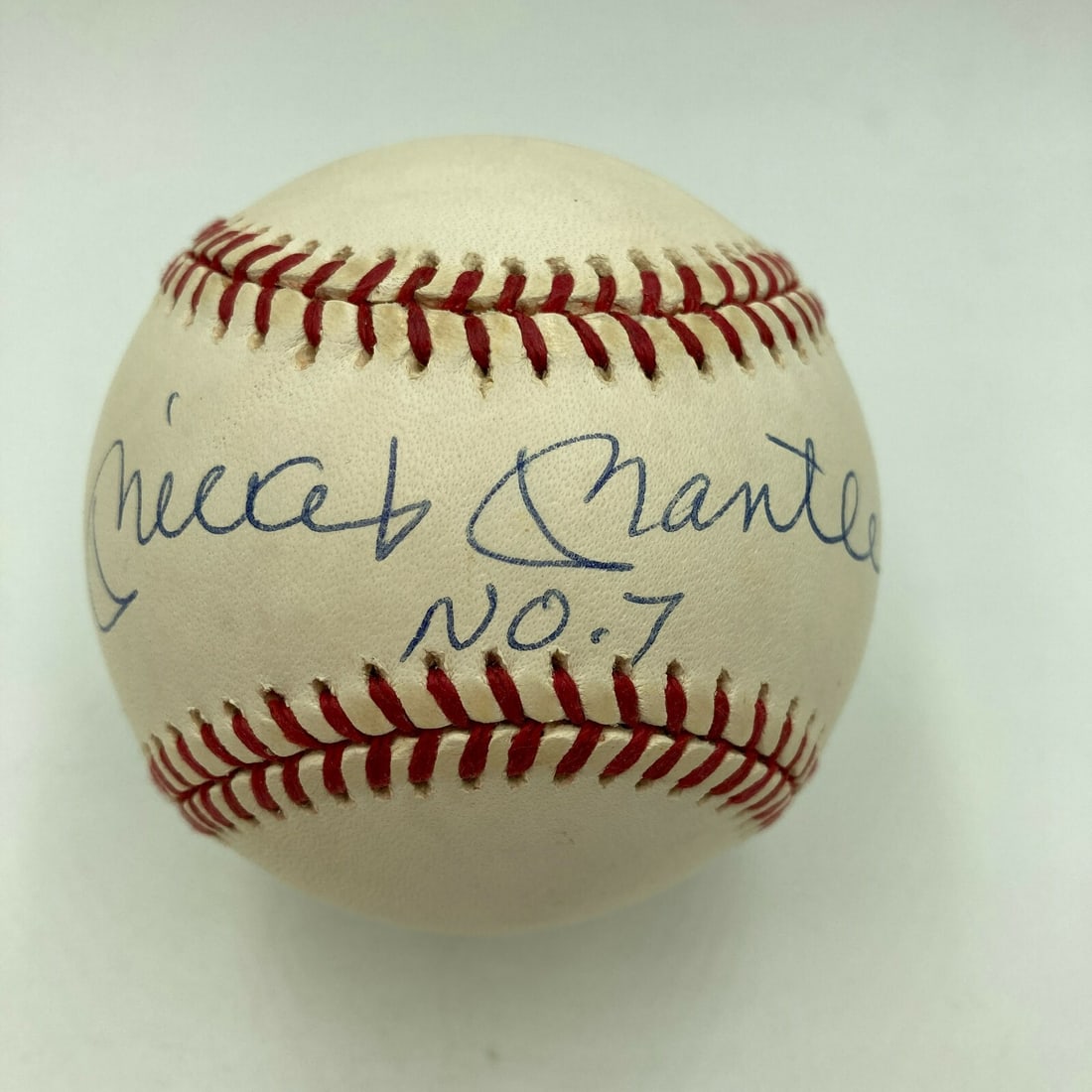 Signed American League Baseball by Mickey Mantle JSA Authenticated Mint 9 Grade: Signed American League Baseball by Mickey Mantle JSA Authenticated Mint 9 Grade This is an original American League baseball signed by Mickey Mantle, featuring his iconic No. 7. The autograph has been