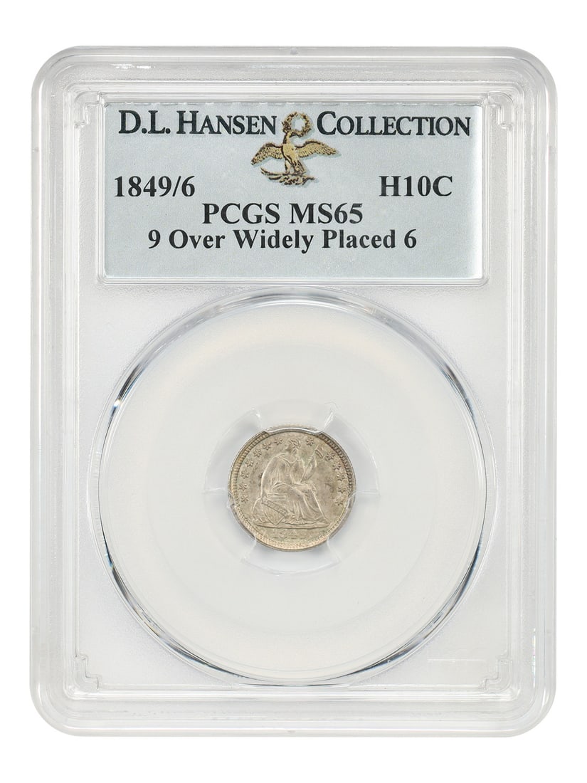 PCGS MS65 1849 Liberty Seated Half Dime H10C ex D.L. Hansen: PCGS MS65 1849 Liberty Seated Half Dime H10C ex D.L. Hansen 1849/6 Liberty Seated Half Dime certified by PCGS in MS65. This uncirculated example is identified as the 9 over widely placed 6 variety and