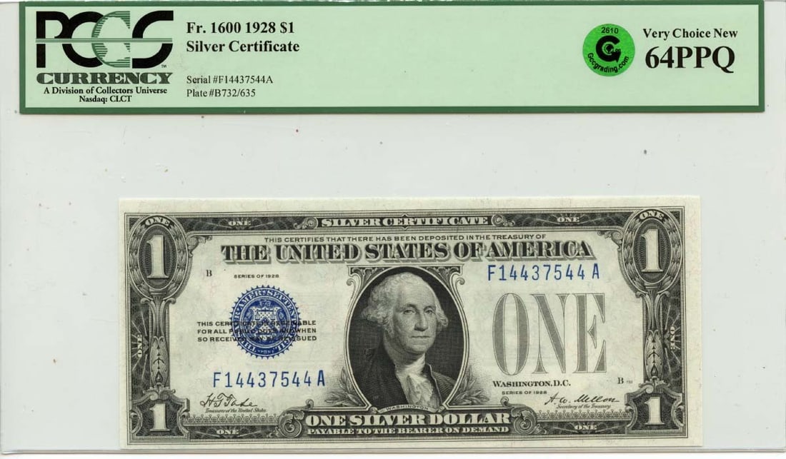 PCGS CU64 PPQ 1928 $1 Silver Certificate Fr 1600 GCC Green: PCGS CU64 PPQ 1928 $1 Silver Certificate Fr 1600 GCC Green 1928 $1 Silver Certificate, Friedberg #1600, graded PCGS Currency CU64 PPQ. This pre-owned United States note is listed as uncirculated and i