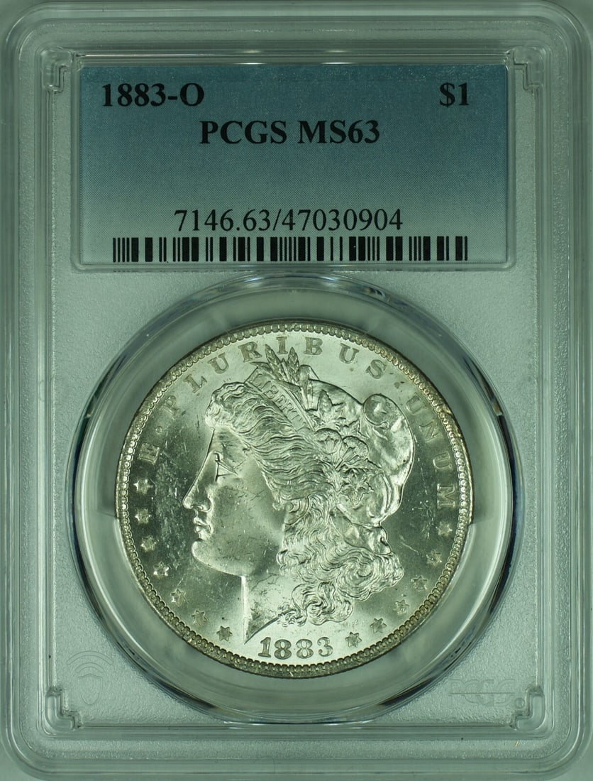 PCGS MS-63 1883-O Morgan Dollar Silver Coin from New Orleans Mint: PCGS MS-63 1883-O Morgan Dollar Silver Coin from New Orleans Mint This is an 1883-O Morgan Silver Dollar coin from the United States, certified by PCGS with a grade of MS-63. The coin is uncirculated 