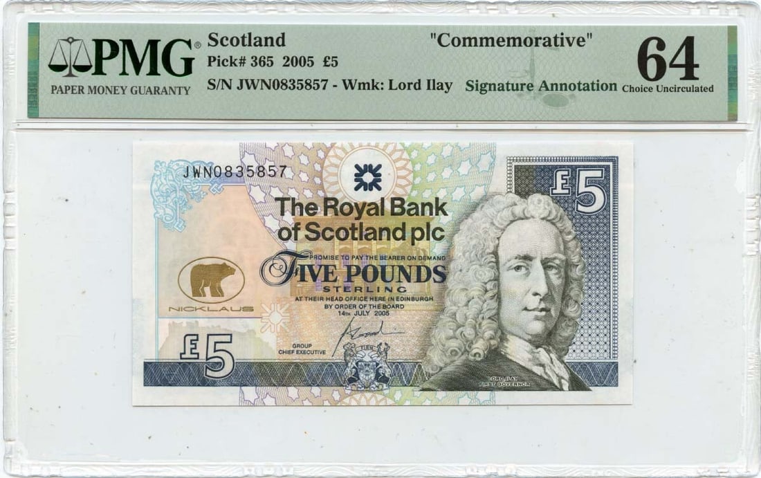 Scotland 2005 Golf Commemorative PS5 Banknote PMG MS64 Jack Nicklaus Signature: Scotland 2005 Golf Commemorative PS5 Banknote PMG MS64 Jack Nicklaus Signature This 2005 PS5 Scotland Golf Commemorative features the signature of Jack Nicklaus and is certified by PMG with a grade of