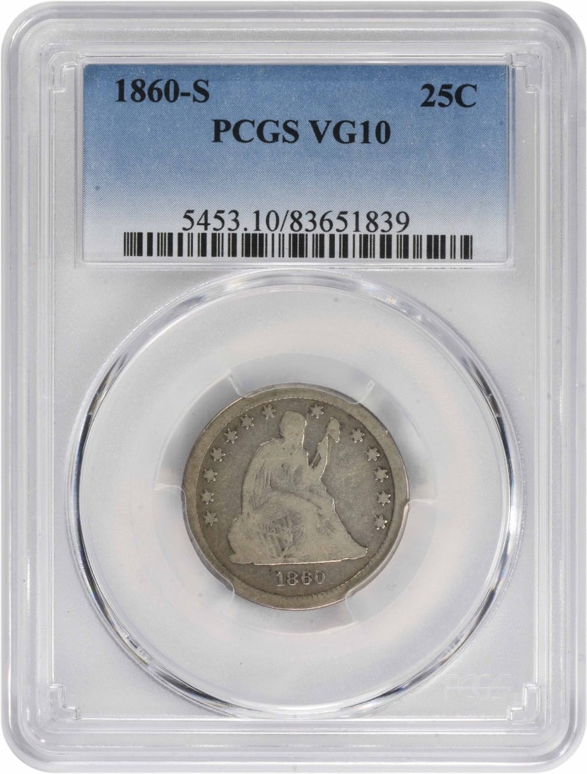 PCGS VG10 1860 S Seated Liberty Silver 25C Quarter: PCGS VG10 1860 S Seated Liberty Silver 25C Quarter 1860-S Liberty Seated silver quarter certified by PCGS. This circulated United States 25C coin is a pre-owned example of the Seated Liberty type. Spe