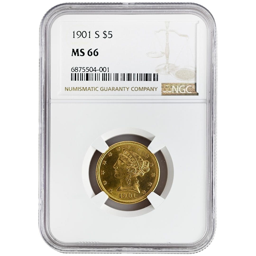 NGC MS66 1901-S Liberty Head $5 Gold Coin: NGC MS66 1901-S Liberty Head $5 Gold Coin 1901-S $5 Liberty Head gold coin certified by NGC as MS66. This uncirculated Type 2 With Motto example is described as exhibiting very clean surfaces with a p