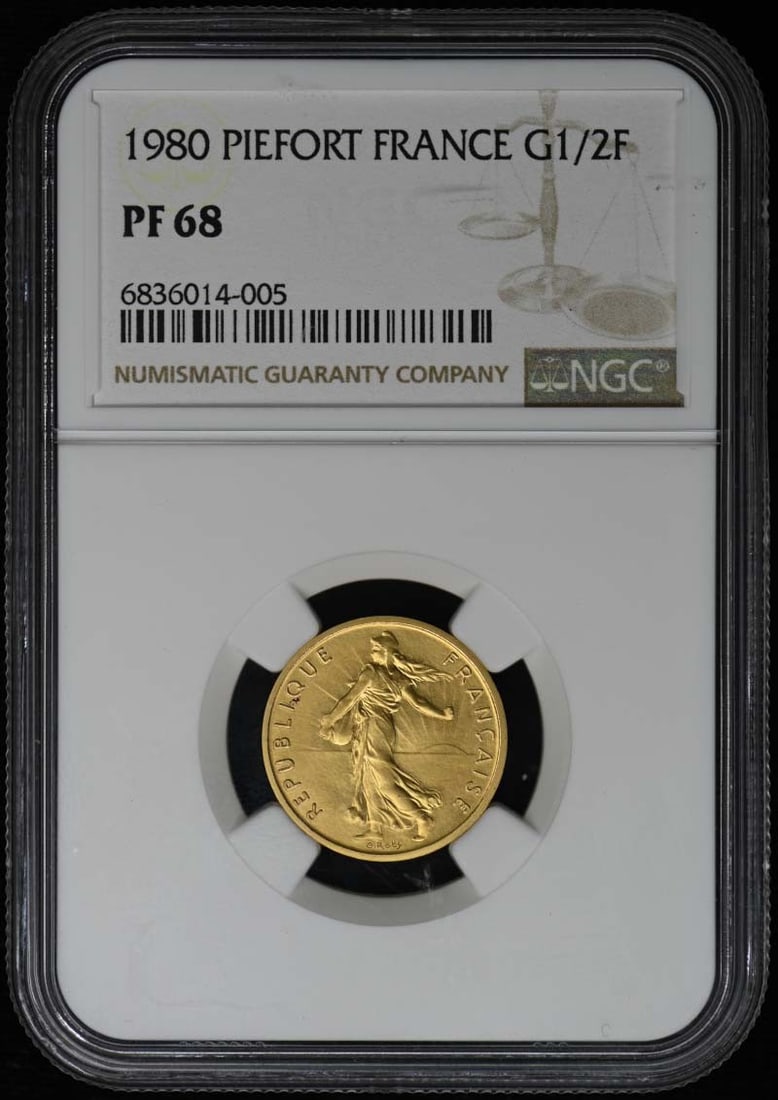 1980 France Gold 1/2 Franc PIEFORT NGC PR68 Limited Mintage: 1980 France Gold 1/2 Franc PIEFORT NGC PR68 Limited Mintage This 1980 PIEFORT France Gold 1/2F coin is a remarkable addition to any collection. Graded PR68 by NGC, this uncirculated coin showcases its