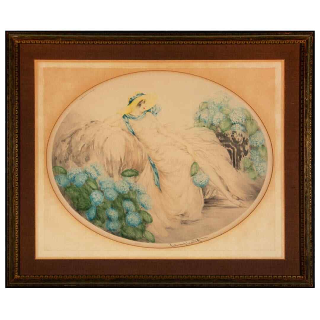 Louis Icart 1929 signed etching Les Hortensias woman print: Louis Icart 1929 signed etching Les Hortensias woman print This is a 1929 original etching in colors on wove paper by Louis Icart, titled "Les Hortensias." The print features a depiction of a woman an