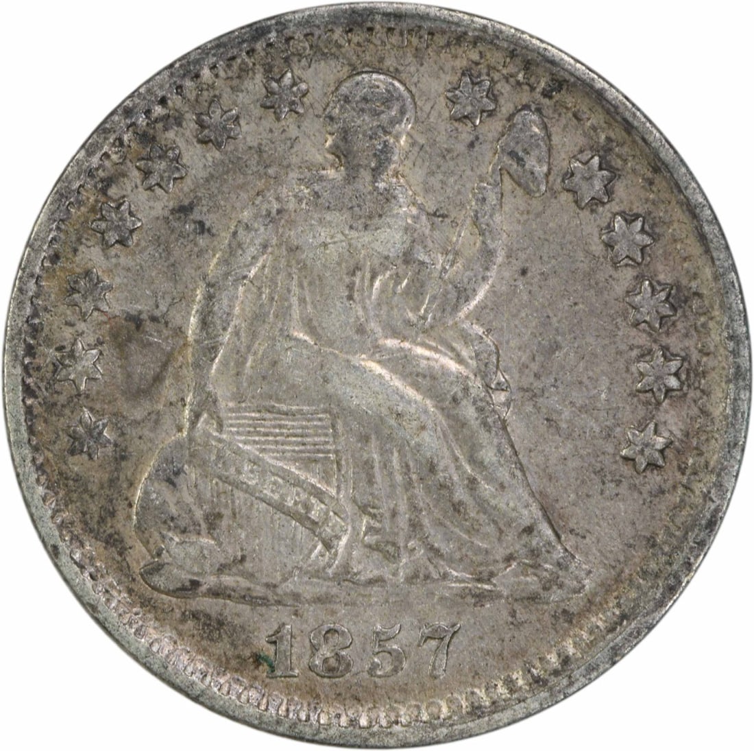 1857 Liberty Seated Half Dime 90% Silver Uncertified: 1857 Liberty Seated Half Dime 90% Silver Uncertified This 1857 Liberty Seated Silver Half Dime is a remarkable piece of American numismatic history. Struck at the Philadelphia mint, this coin features