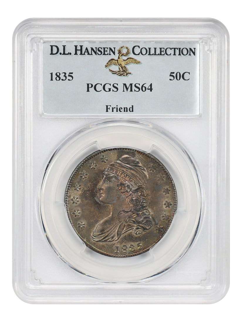 1835 Capped Bust Half Dollar 50C PCGS MS64 ex D.L. Hansen Friend: 1835 Capped Bust Half Dollar 50C PCGS MS64 ex D.L. Hansen Friend 1835 Capped Bust Half Dollar certified by PCGS in MS64 grade. This Philadelphia issue is one of the more common dates in the Capped Bus
