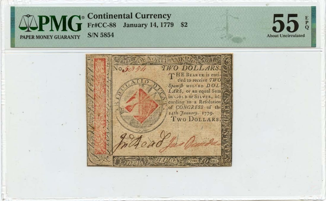 1779 $2 Continental Currency Type CC-88 PMG AU55 Certified: 1779 $2 Continental Currency Type CC-88 PMG AU55 Certified This January 14, 1779 $2 Continental Currency is a historical piece, graded AU55 by PMG. The currency is classified under type CC-88 and has 