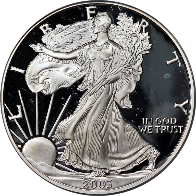 2003-W Silver American Eagle Coin ICG PR70 Deep Cameo Uncirculated: 2003-W Silver American Eagle Coin ICG PR70 Deep Cameo Uncirculated This 2003-W Silver American Eagle $1 coin is certified by ICG as PR70 Deep Cameo, showcasing exceptional eye appeal with fantastic lu