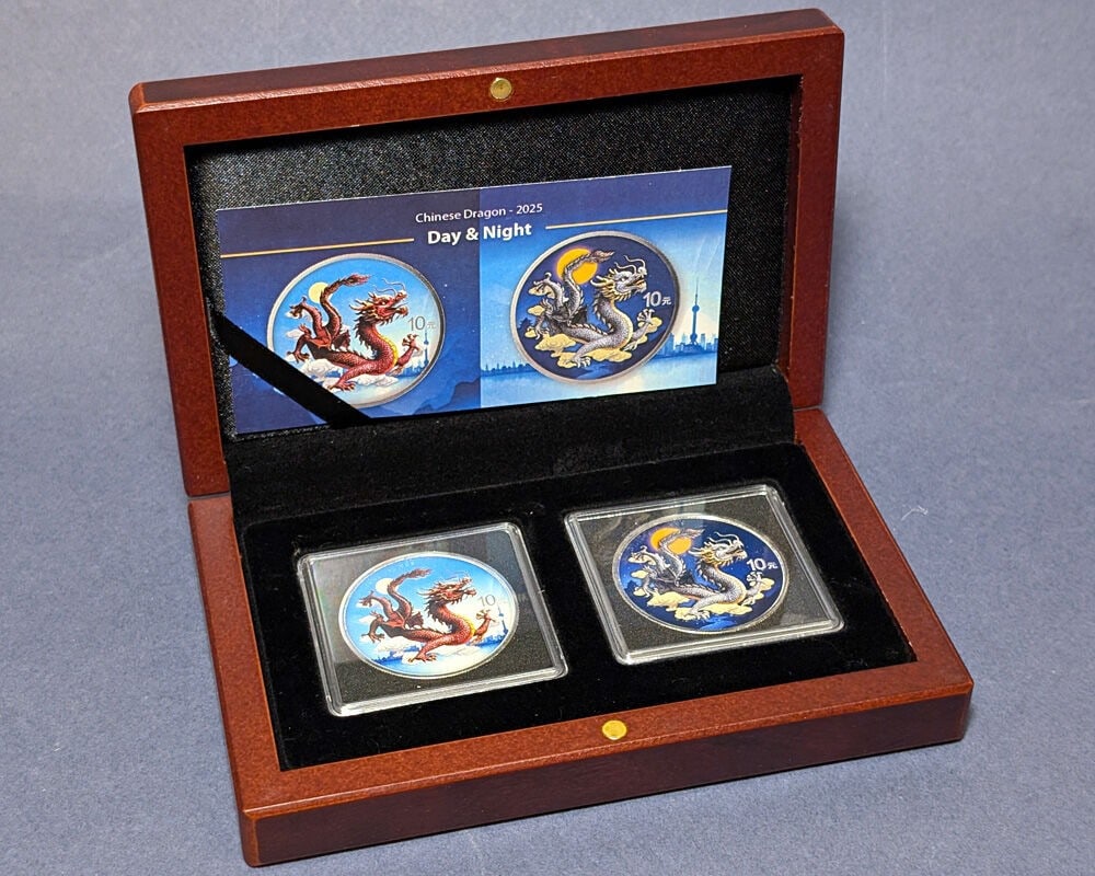2025 China 2 x 1 Ounce Silver 10 Yuan Dragon Day & Night Set: 2025 China 2 x 1 Ounce Silver 10 Yuan Dragon Day & Night Set Presenting the 2025 China 2 x 1 Ounce Silver 10 Yuan Chinese Dragon Day & Night Set. This exquisite set features two uncirculated coins mad