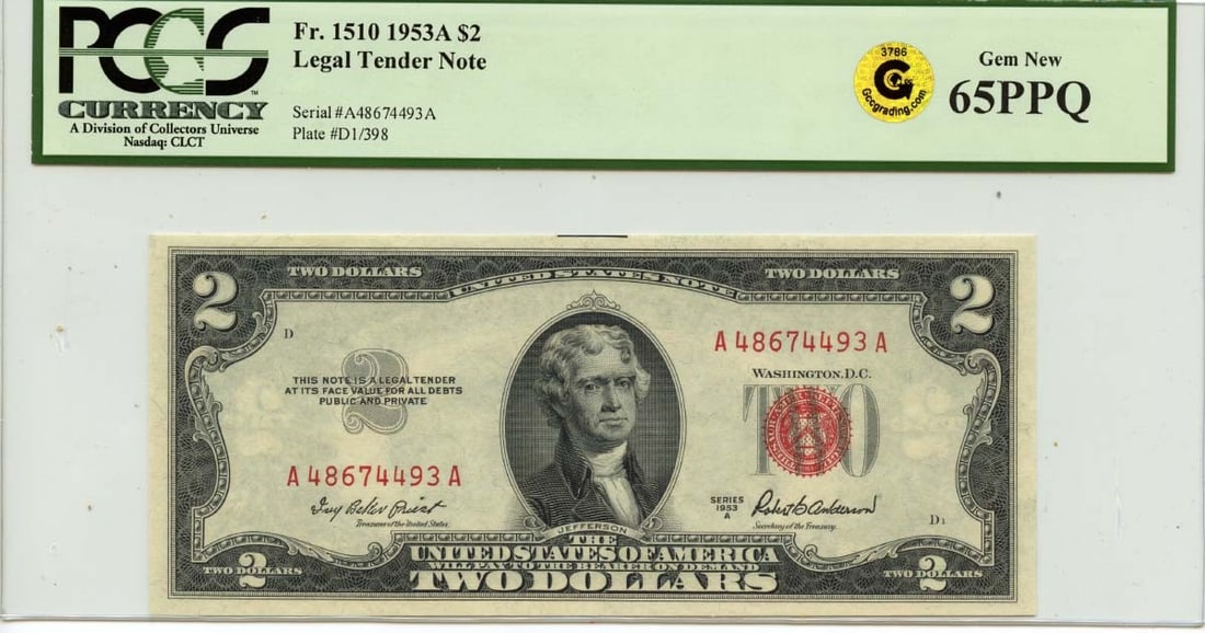 PCGS Gem 65 PPQ 1953A $2 United States Legal Tender Note Fr 1510: PCGS Gem 65 PPQ 1953A $2 United States Legal Tender Note Fr 1510 1953A $2 Legal Tender Note, graded PCGS Gem 65 PPQ. This uncirculated United States note is a pre-owned collectible with certification 